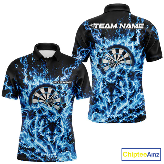 Blue Flame Wolf Dart Team Polo Shirt For Men, Dart Jersey With Custom Name IPHW12462
