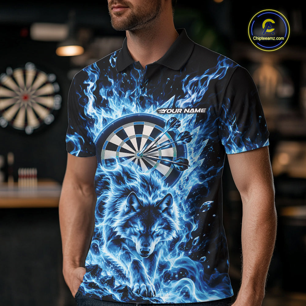 Blue Flame Wolf Dart Team Polo Shirt For Men, Dart Jersey With Custom Name IPHW12462