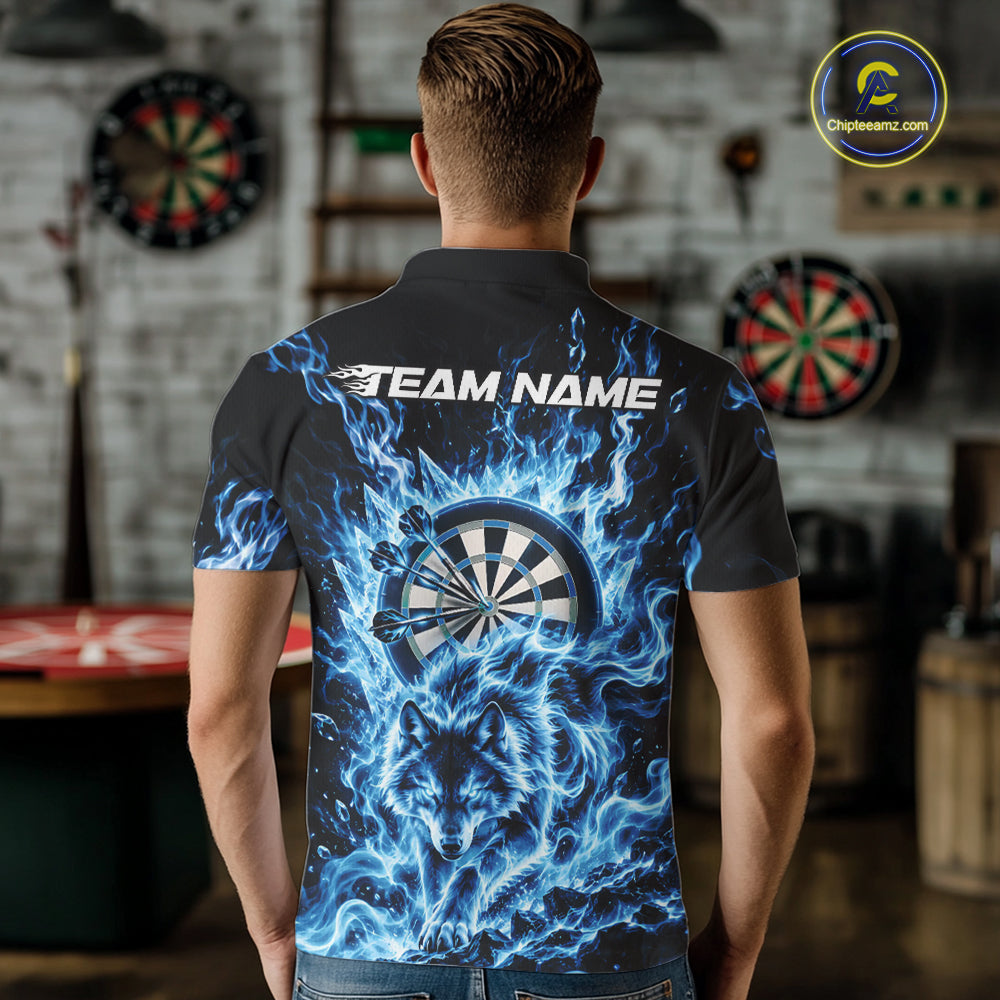 Blue Flame Wolf Dart Team Polo Shirt For Men, Dart Jersey With Custom Name IPHW12462