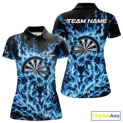 Blue Flame Wolf Dart Team Polo Shirt For Women, Dart Jersey With Custom Name IPHW12462
