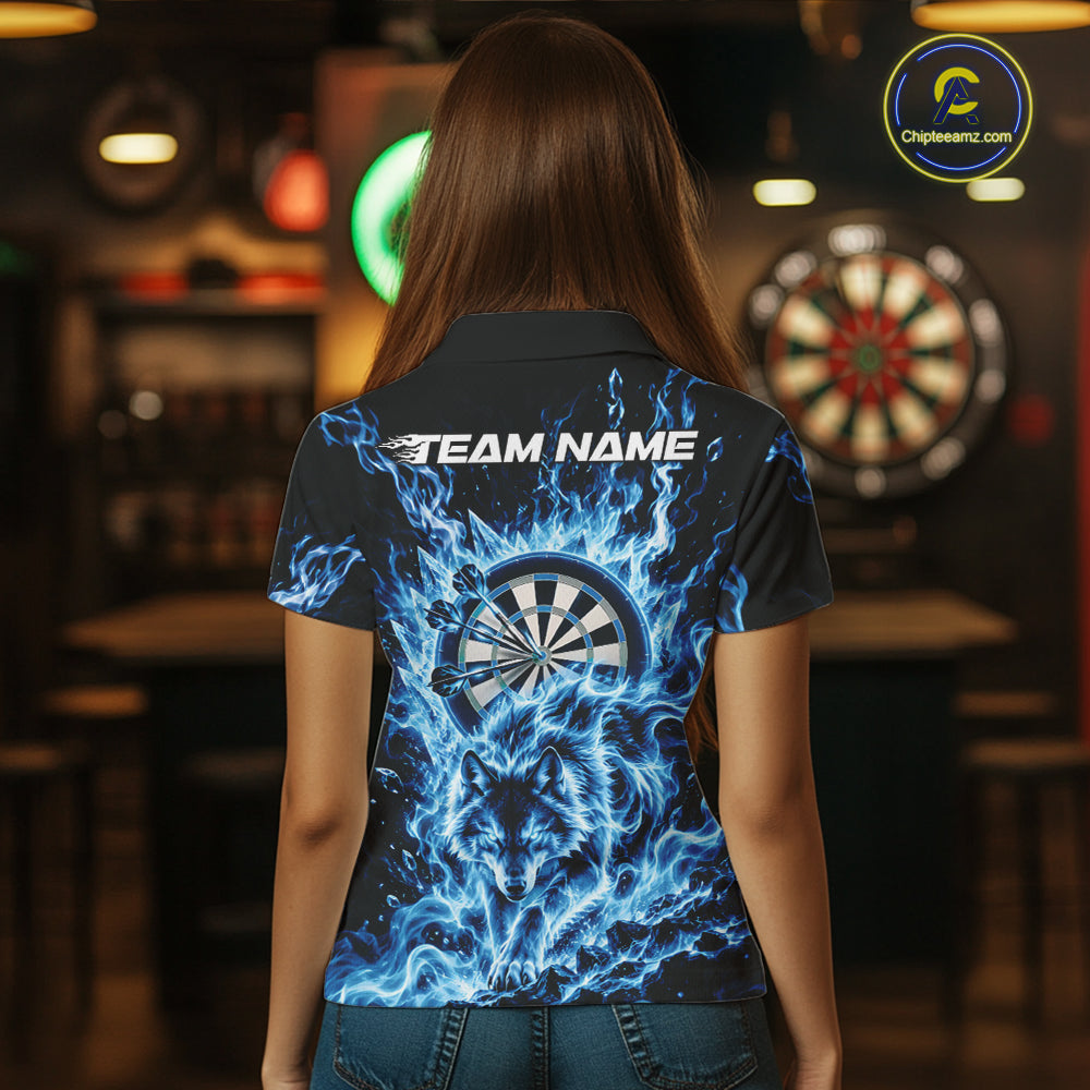 Blue Flame Wolf Dart Team Polo Shirt For Women, Dart Jersey With Custom Name IPHW12462