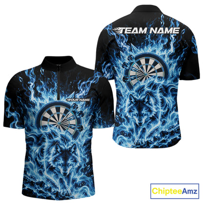 Blue Flame Wolf Dart Team Quarter Zip Shirt For Men, Dart Jersey With Custom Name IPHW12462