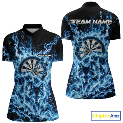 Blue Flame Wolf Dart Team Quarter-Zip Shirt For Women, Dart Jersey With Custom Name IPHW12462