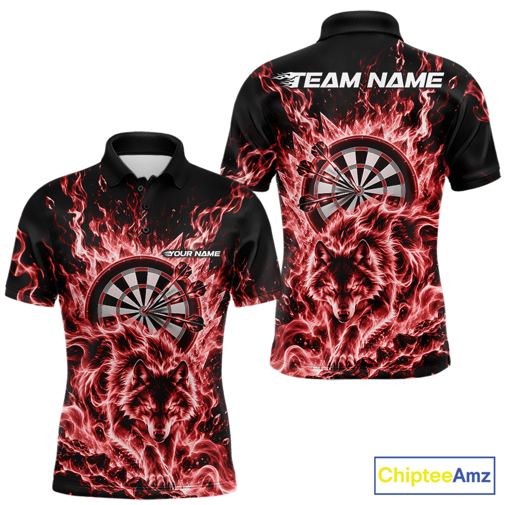 Red Flame Wolf Dart Team Polo Shirt For Men, Dart Jersey With Custom Name IPHW12463