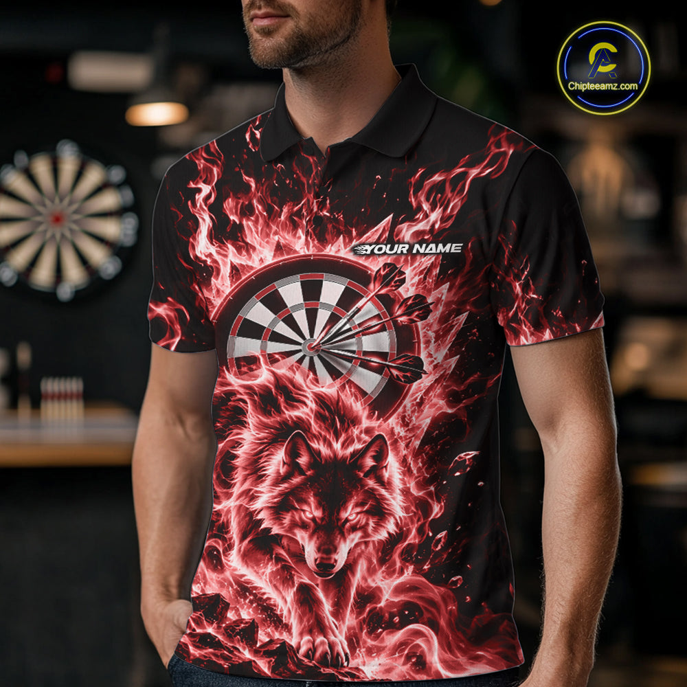 Red Flame Wolf Dart Team Polo Shirt For Men, Dart Jersey With Custom Name IPHW12463