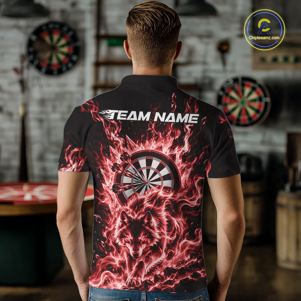 Red Flame Wolf Dart Team Polo Shirt For Men, Dart Jersey With Custom Name IPHW12463