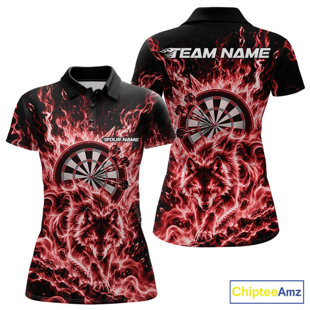 Red Flame Wolf Dart Team Polo Shirt For Women, Dart Jersey With Custom Name IPHW12463