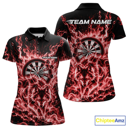 Red Flame Wolf Dart Team Polo Shirt For Women, Dart Jersey With Custom Name IPHW12463