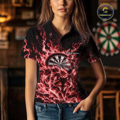 Red Flame Wolf Dart Team Polo Shirt For Women, Dart Jersey With Custom Name IPHW12463