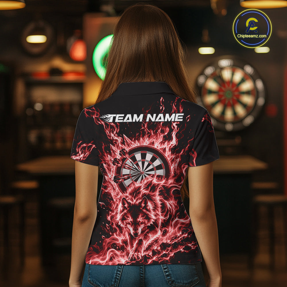 Red Flame Wolf Dart Team Polo Shirt For Women, Dart Jersey With Custom Name IPHW12463