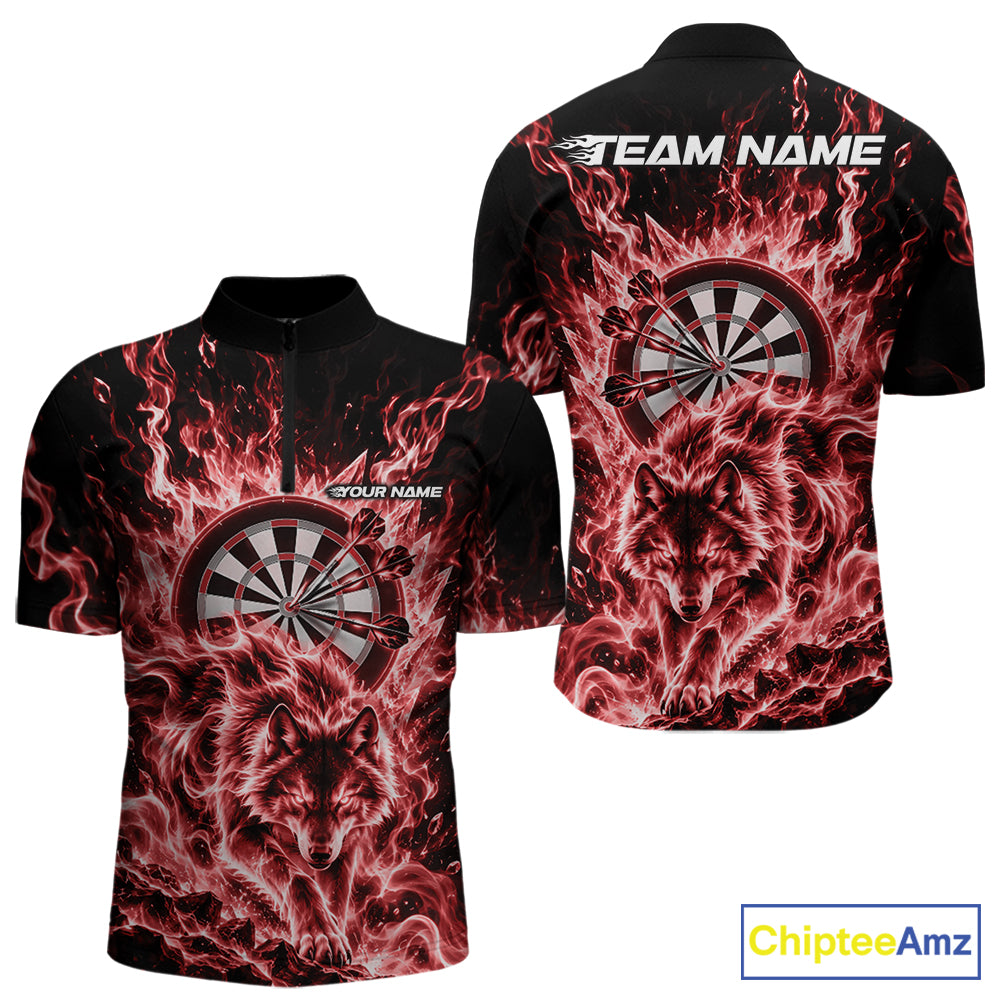 Red Flame Wolf Dart Team Quarter Zip Shirt For Men, Dart Jersey With Custom Name IPHW12463
