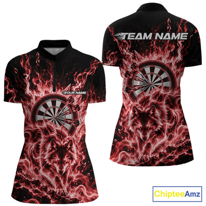 Red Flame Wolf Dart Team Quarter-Zip Shirt For Women, Dart Jersey With Custom Name IPHW12463