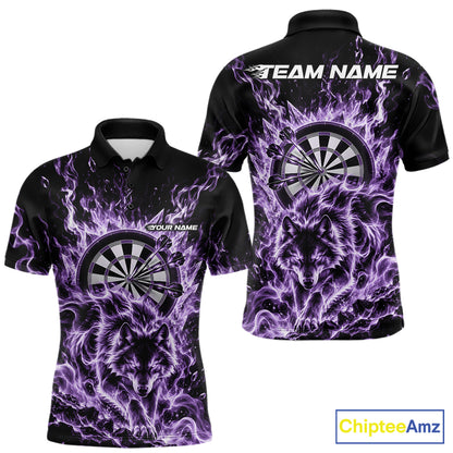 Purple Flame Wolf Dart Team Polo Shirt For Men, Dart Jersey With Custom Name IPHW12464
