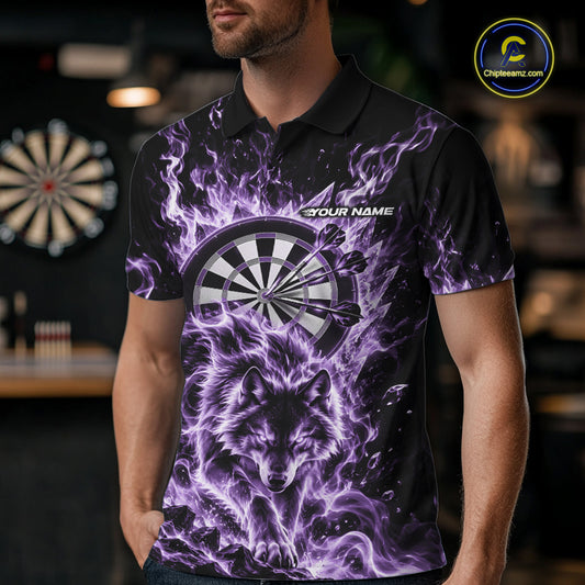 Purple Flame Wolf Dart Team Polo Shirt For Men, Dart Jersey With Custom Name IPHW12464