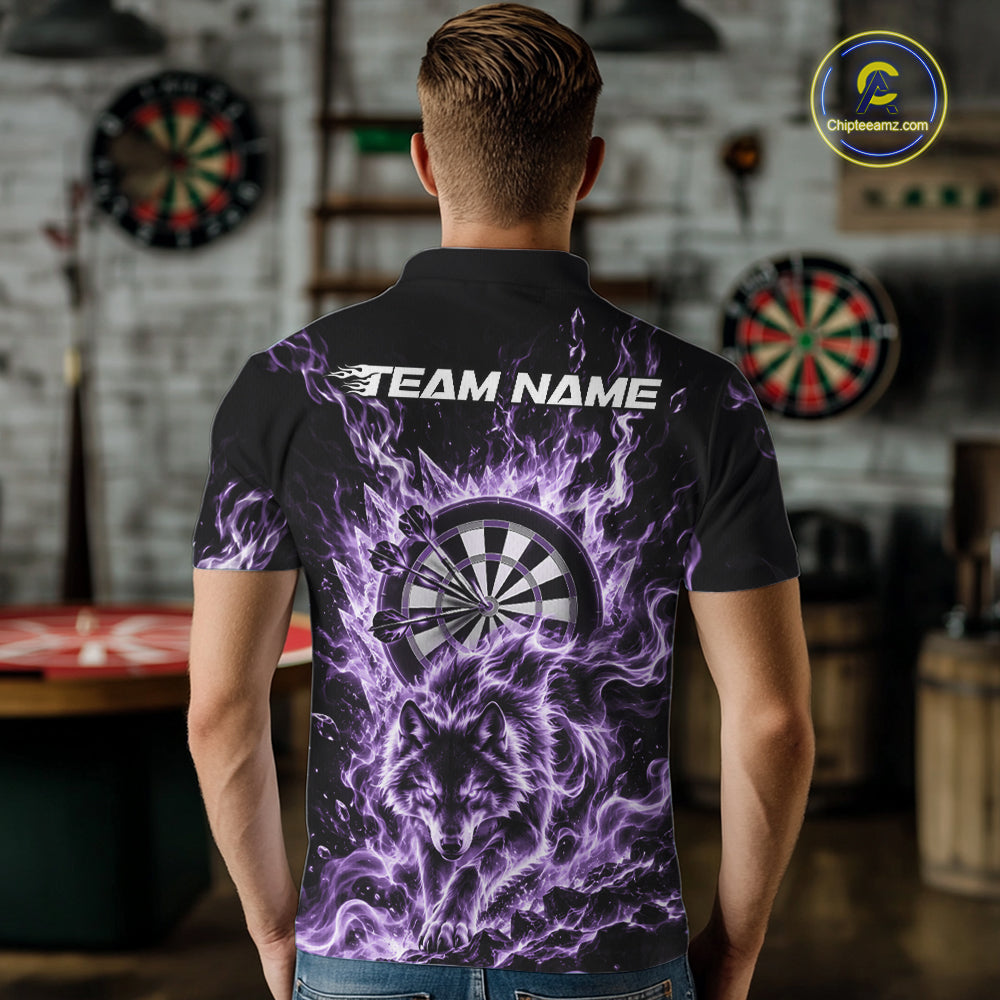 Purple Flame Wolf Dart Team Polo Shirt For Men, Dart Jersey With Custom Name IPHW12464