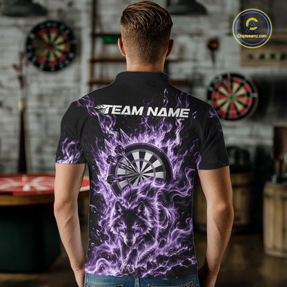 Purple Flame Wolf Dart Team Polo Shirt For Men, Dart Jersey With Custom Name IPHW12464