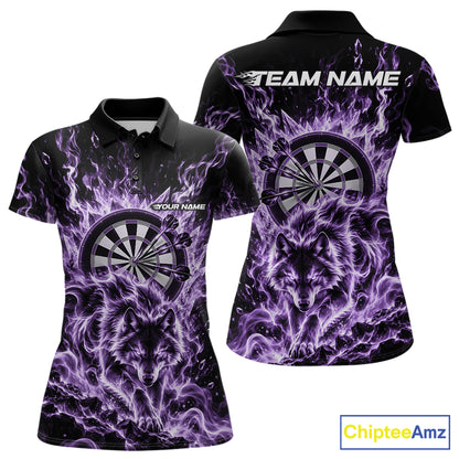 Purple Flame Wolf Dart Team Polo Shirt For Women, Dart Jersey With Custom Name IPHW12464