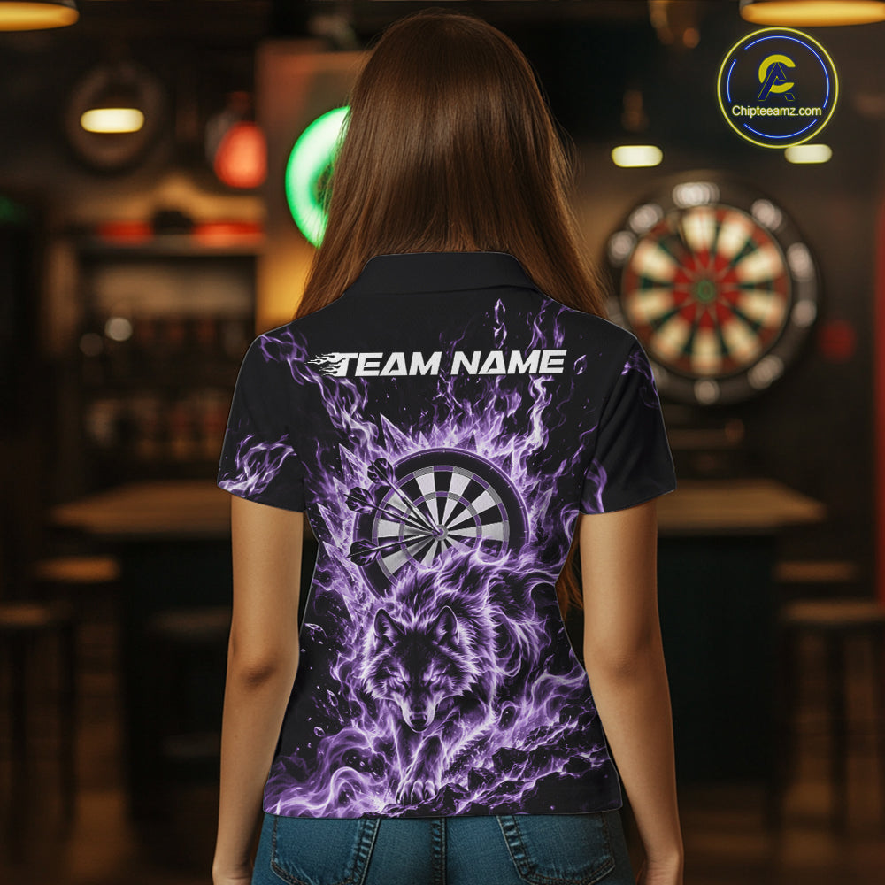 Purple Flame Wolf Dart Team Polo Shirt For Women, Dart Jersey With Custom Name IPHW12464
