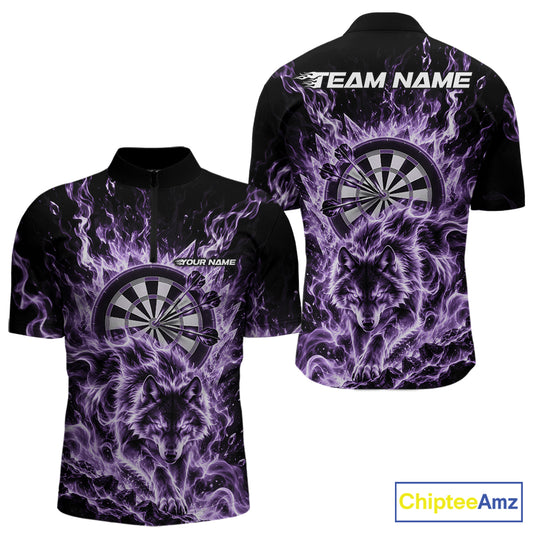 Purple Flame Wolf Dart Team Quarter Zip Shirt For Men, Dart Jersey With Custom Name IPHW12464