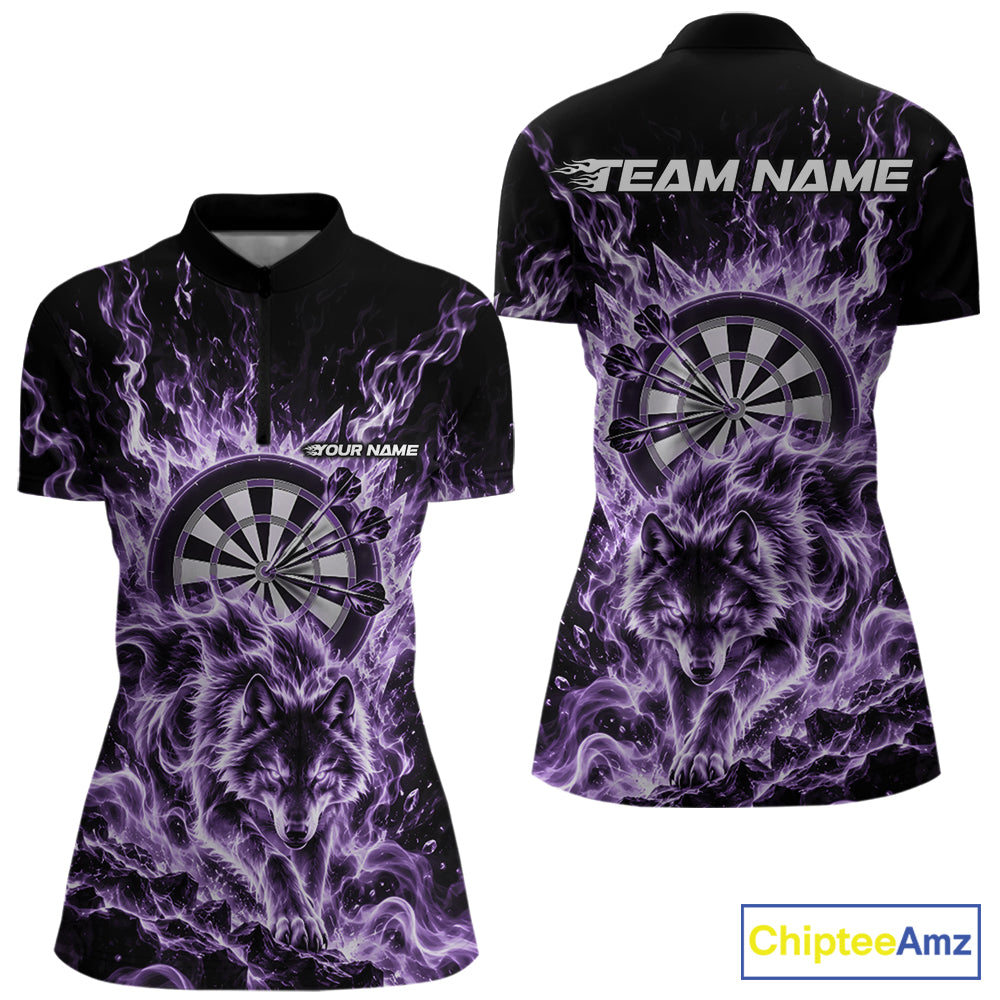 Purple Flame Wolf Dart Team Quarter-Zip Shirt For Women, Dart Jersey With Custom Name IPHW12464