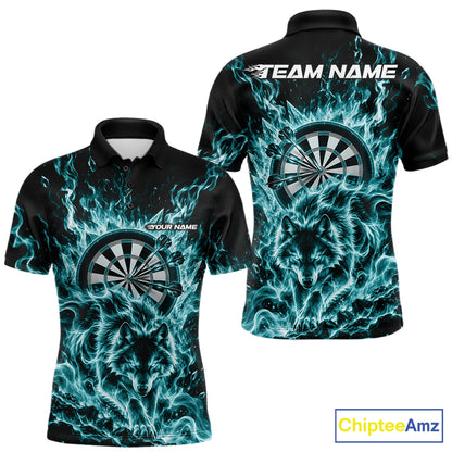 Teal Blue Flame Wolf Dart Team Polo Shirt For Men, Dart Jersey With Custom Name IPHW12465