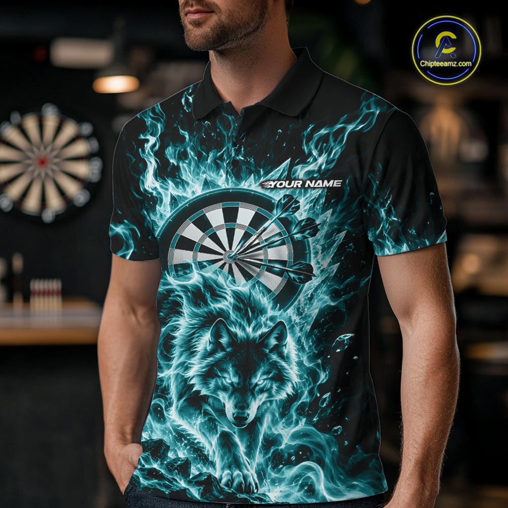 Teal Blue Flame Wolf Dart Team Polo Shirt For Men, Dart Jersey With Custom Name IPHW12465