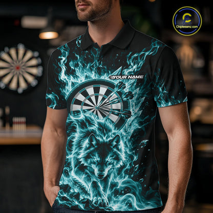 Teal Blue Flame Wolf Dart Team Polo Shirt For Men, Dart Jersey With Custom Name IPHW12465