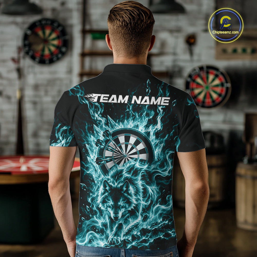 Teal Blue Flame Wolf Dart Team Polo Shirt For Men, Dart Jersey With Custom Name IPHW12465