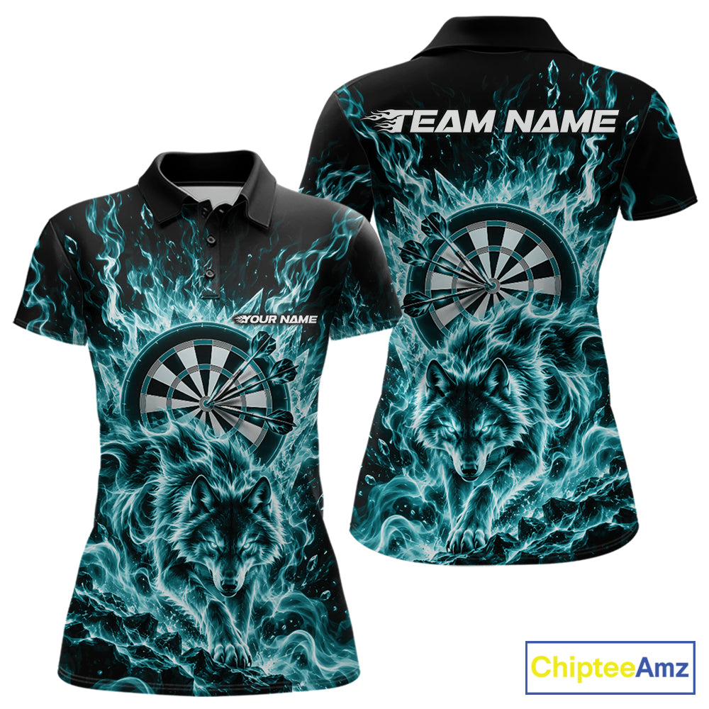 Teal Blue Flame Wolf Dart Team Polo Shirt For Women, Dart Jersey With Custom Name IPHW12465