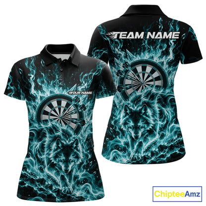 Teal Blue Flame Wolf Dart Team Polo Shirt For Women, Dart Jersey With Custom Name IPHW12465