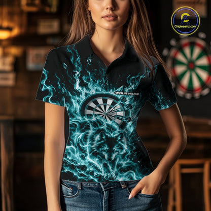 Teal Blue Flame Wolf Dart Team Polo Shirt For Women, Dart Jersey With Custom Name IPHW12465