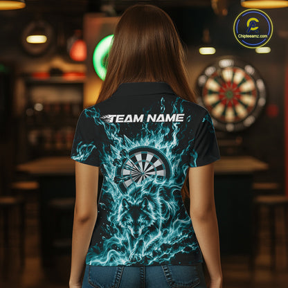 Teal Blue Flame Wolf Dart Team Polo Shirt For Women, Dart Jersey With Custom Name IPHW12465