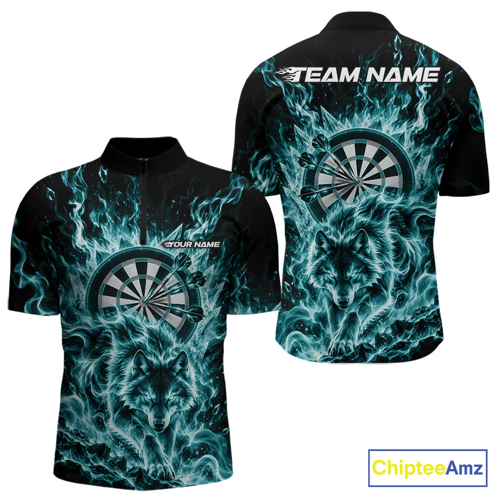 Teal Blue Flame Wolf Dart Team Quarter Zip Shirt For Men, Dart Jersey With Custom Name IPHW12465
