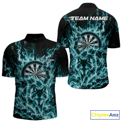 Teal Blue Flame Wolf Dart Team Quarter Zip Shirt For Men, Dart Jersey With Custom Name IPHW12465