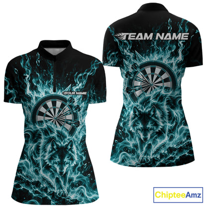 Teal Blue Flame Wolf Dart Team Quarter-Zip Shirt For Women, Dart Jersey With Custom Name IPHW12465