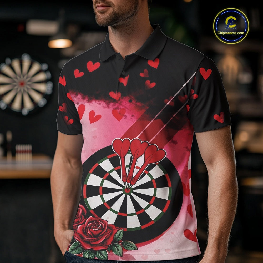 Custom Black And Red Heart Theme Valentine Dart Men Polo Shirt, Couple Dart Shirt IPHW10406