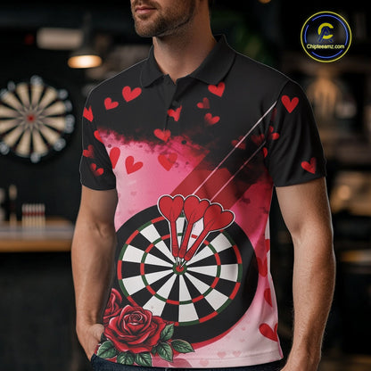 Custom Black And Red Heart Theme Valentine Dart Men Polo Shirt, Couple Dart Shirt IPHW10406