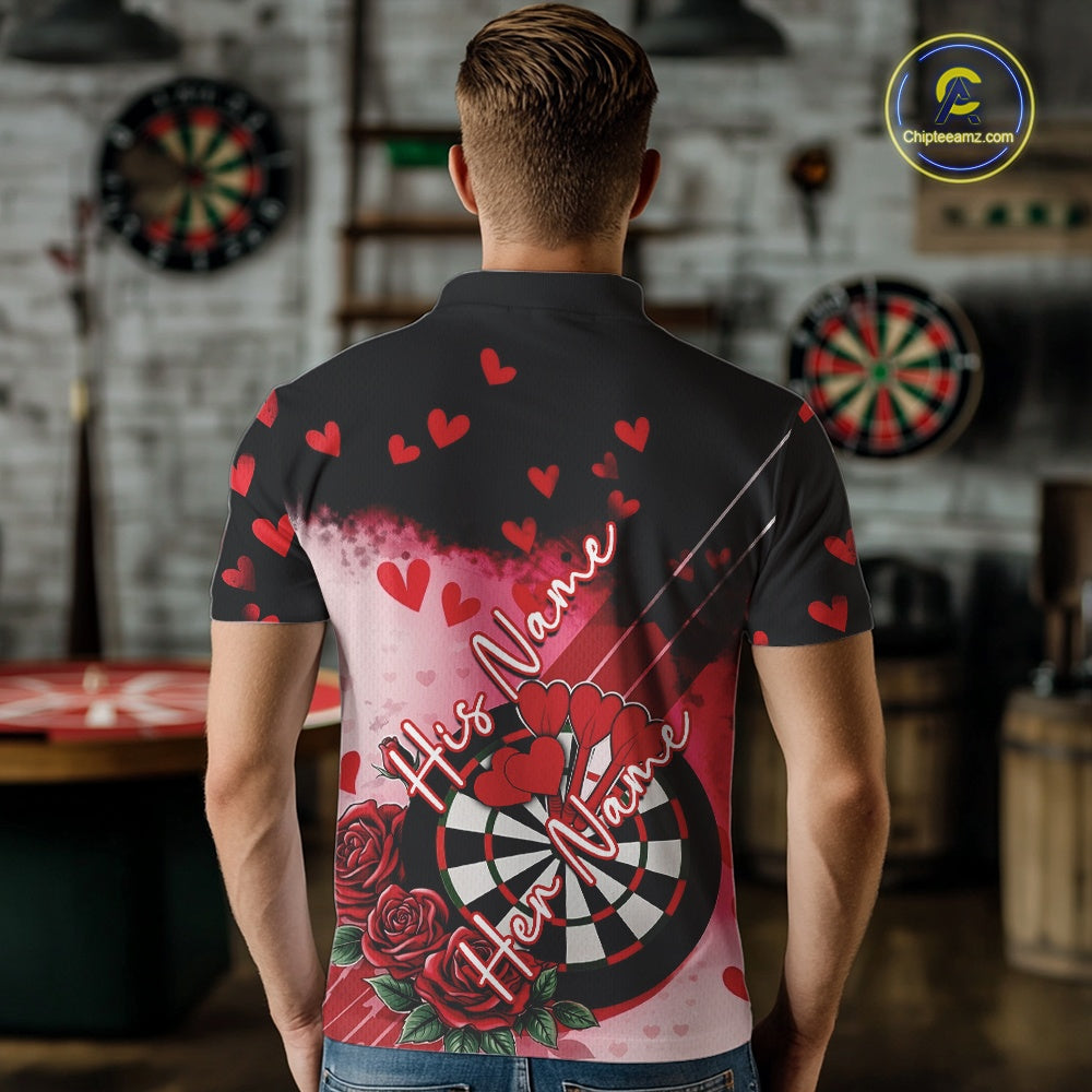 Custom Black And Red Heart Theme Valentine Dart Men Polo Shirt, Couple Dart Shirt IPHW10406