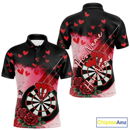Custom Black And Red Heart Theme Valentine Dart Men Polo Shirt, Couple Dart Shirt IPHW10406