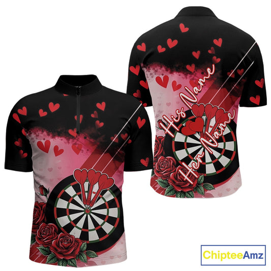 Custom Black And Red Heart Theme Valentine Dart Men Quarter-Zip Shirt, Couple Dart Shirt IPHW10406