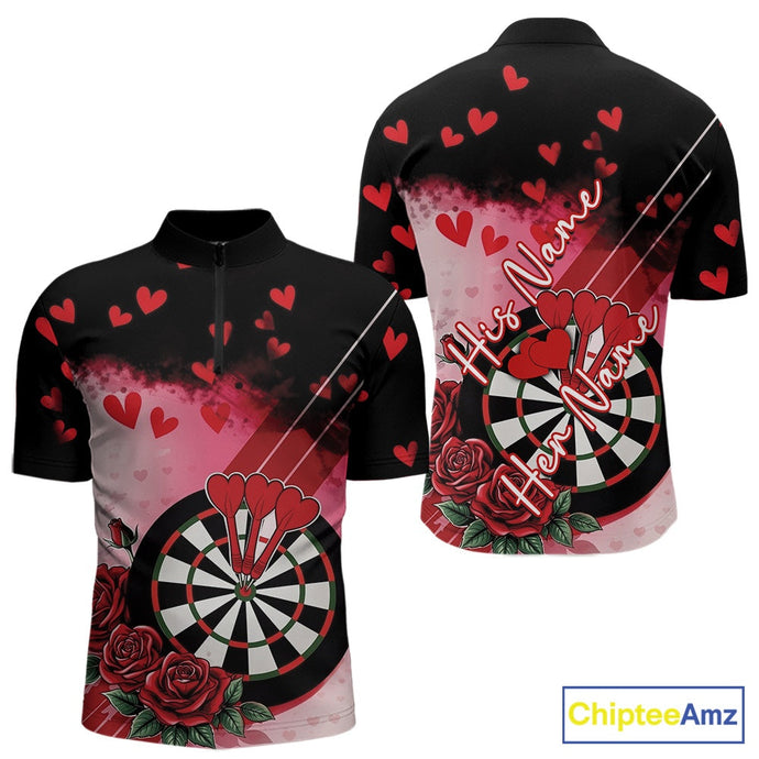 Custom Black And Red Heart Theme Valentine Dart Men Quarter-Zip Shirt, Couple Dart Shirt IPHW10406