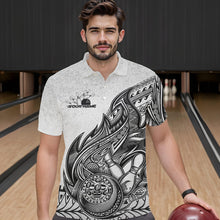 Load image into Gallery viewer, Custom Grunge Black And Gray Tribal Flame Polynesian Bowling Team Polo Shirts For Men IPHW8804