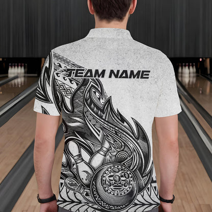 Custom Grunge Black And Gray Tribal Flame Polynesian Bowling Team Polo Shirts For Men IPHW8804
