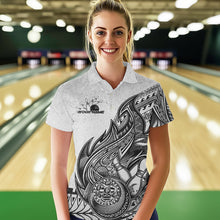 Load image into Gallery viewer, Custom Grunge Black And Gray Tribal Flame Polynesian Bowling Team Polo Shirts For Women IPHW8804