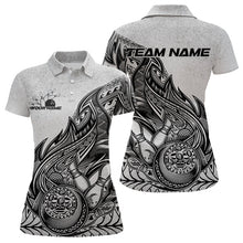 Load image into Gallery viewer, Custom Grunge Black And Gray Tribal Flame Polynesian Bowling Team Polo Shirts For Women IPHW8804