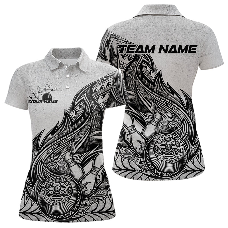 Custom Grunge Black And Gray Tribal Flame Polynesian Bowling Team Polo Shirts For Women IPHW8804