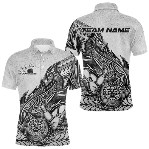 Custom Grunge Black And Gray Tribal Flame Polynesian Bowling Team Polo Shirts For Men IPHW8804