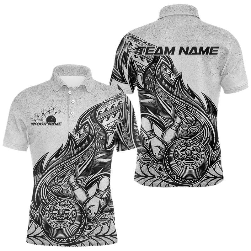 Custom Grunge Black And Gray Tribal Flame Polynesian Bowling Team Polo Shirts For Men IPHW8804