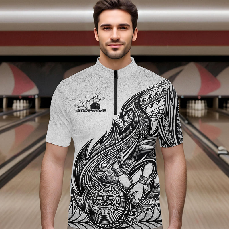 Custom Grunge Black And Gray Tribal Flame Polynesian Bowling Team Quarter-Zip Shirts For Men IPHW8804