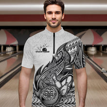 Load image into Gallery viewer, Custom Grunge Black And Gray Tribal Flame Polynesian Bowling Team Quarter-Zip Shirts For Men IPHW8804